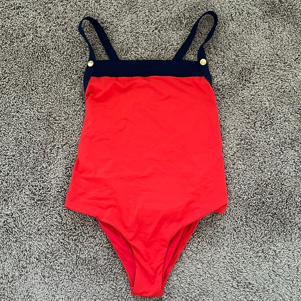 Enfasis Classic Red One-Piece Swimsuit with Navy Trim
